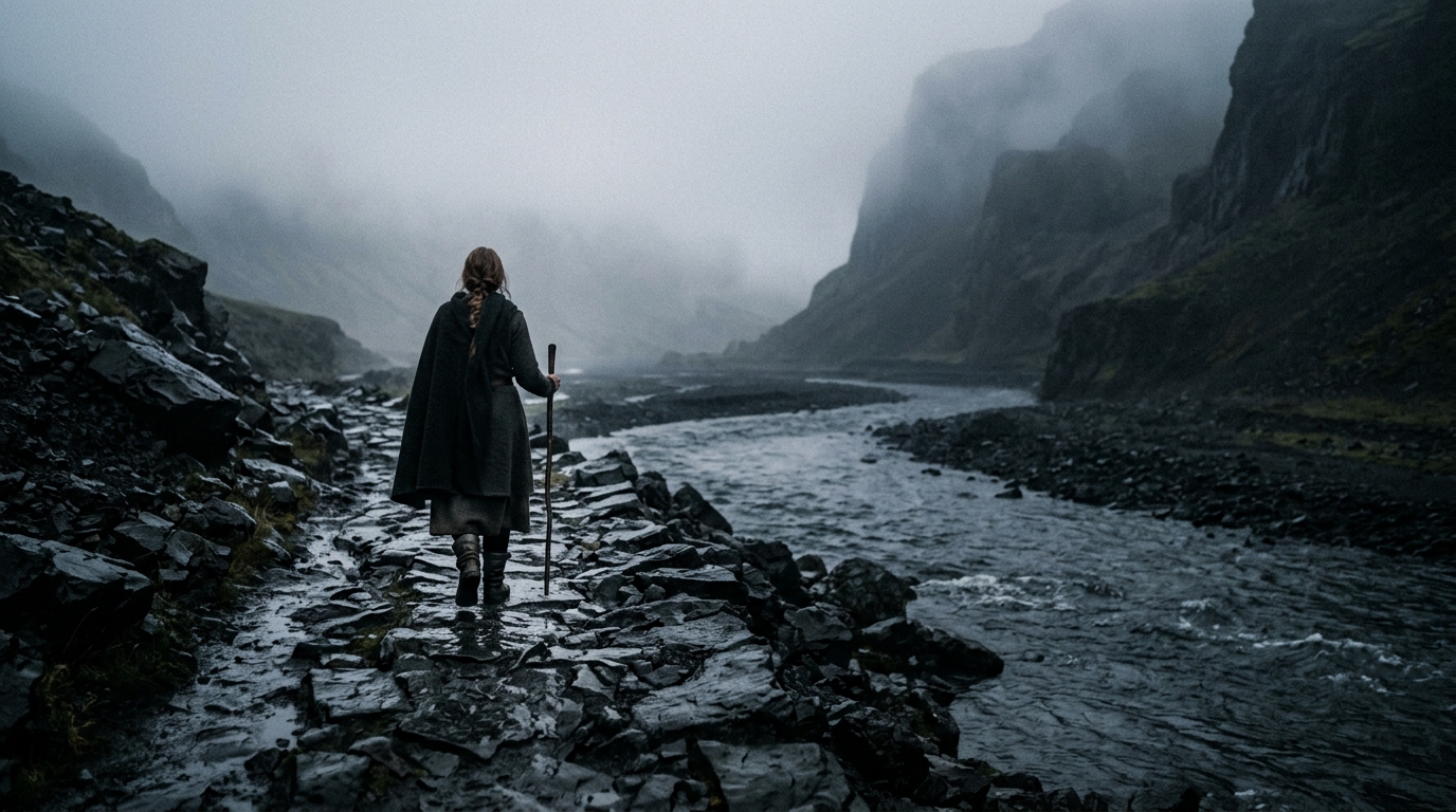 A dark primordial river road winding through wet stone and basalt bedrock under heavy predawn fog