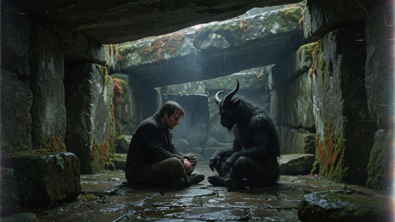 He Who Found the Beast in the Labyrinth: a solitary man sitting cross-legged beside the horned beast in the center of the stone labyrinth