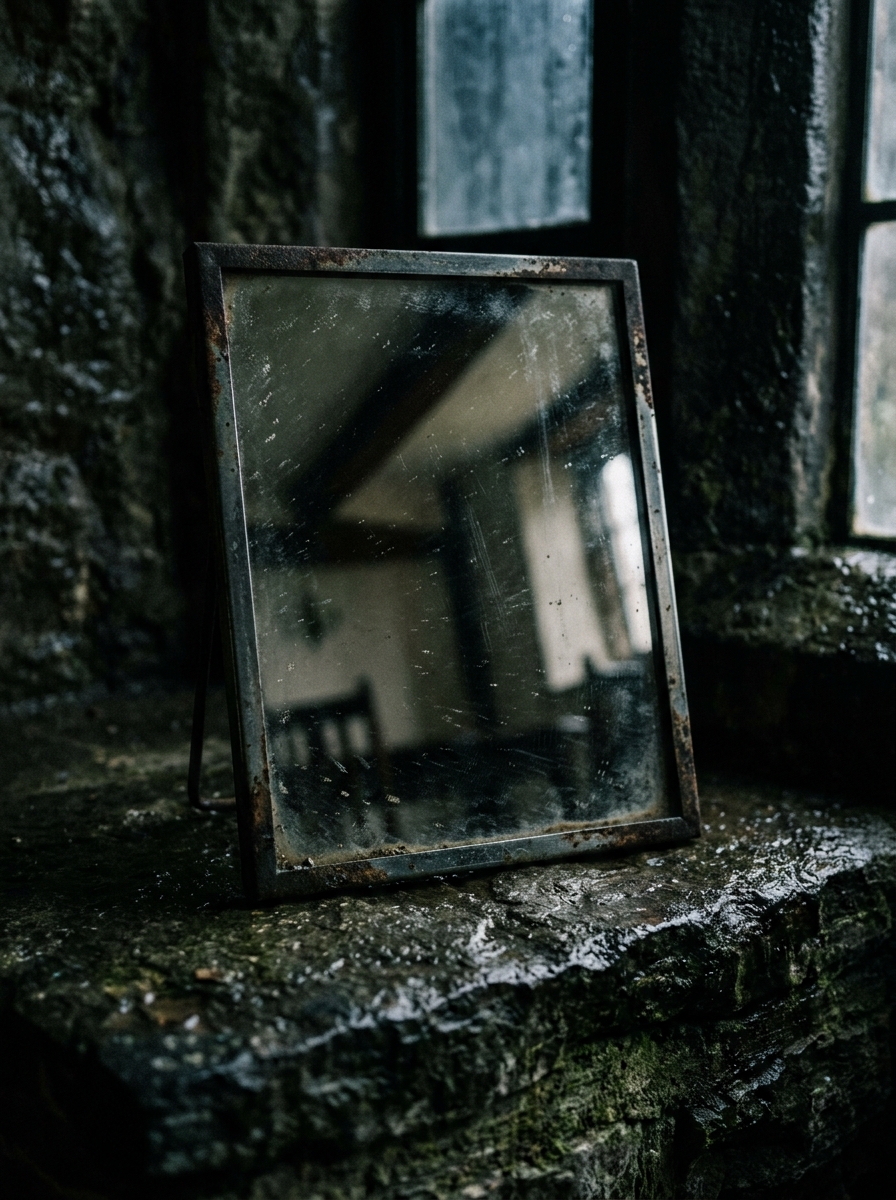 A small tarnished mirror leaning on a stone windowsill