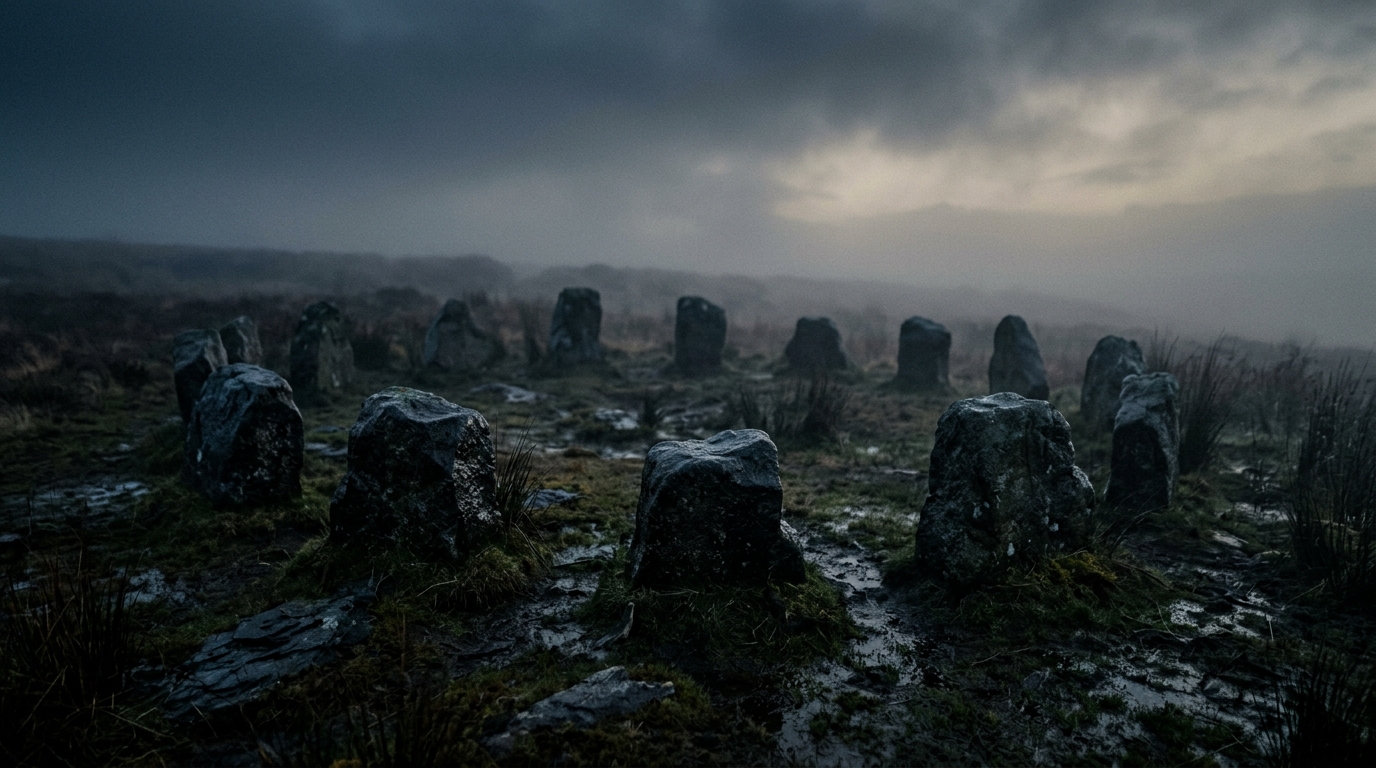 Ten weathered unmarked stones in fog