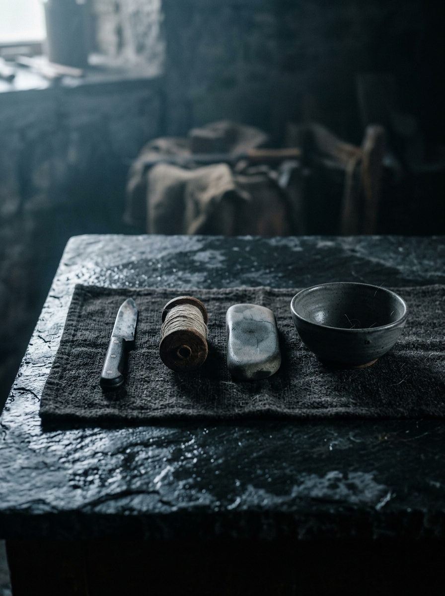 Used tools laid in a clean row on cloth: knife, thread, stone, bowl