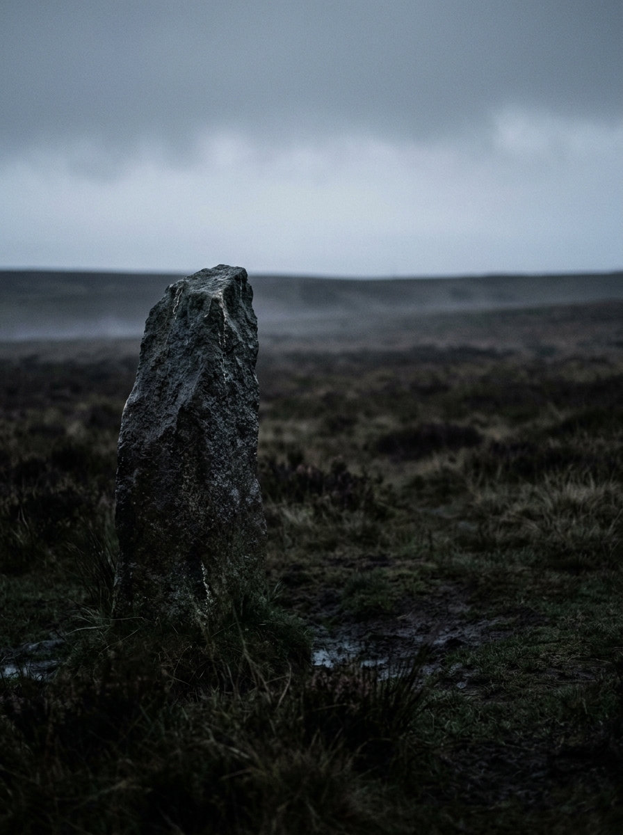 A single unmarked standing stone in predawn fog