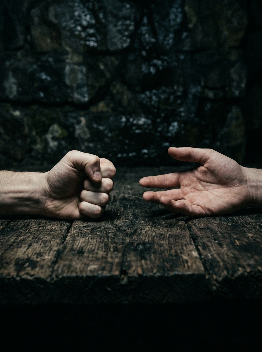 A closed fist on a rough wooden table beside an open hand